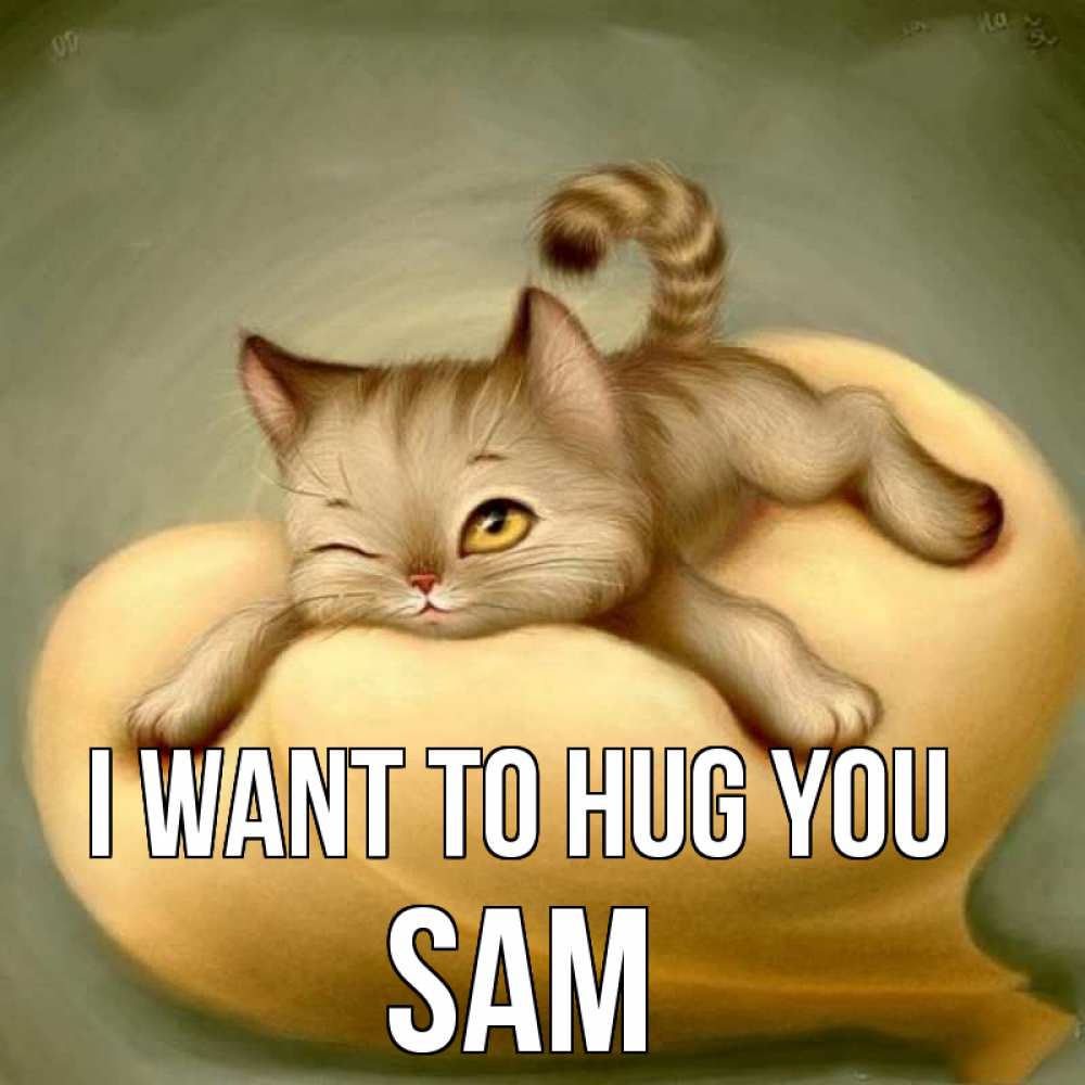 Greetings card с именем, Sam I want to hug you кошечка Greetings with text for free download 