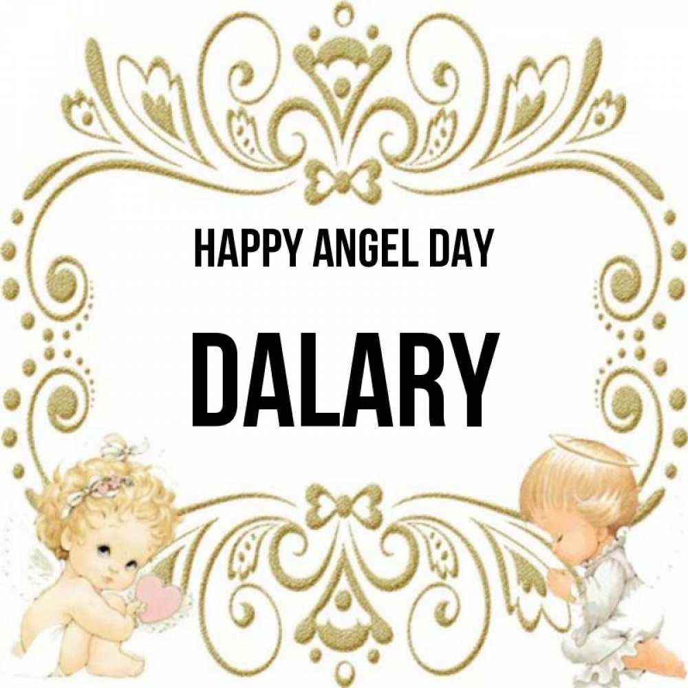 Greetings card с именем, Dalary happy angel day с именинами поздравляют два красивых ангела. Один с сердечком другой молится Greetings with text for free download 