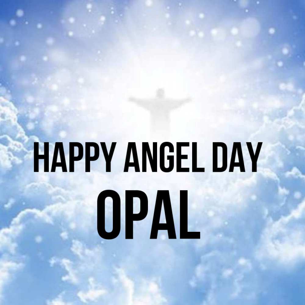 Greetings card с именем, Opal happy angel day ангел на облаках в свете солнца Greetings with text for free download 