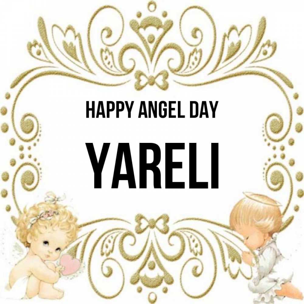 Greetings card с именем, Yareli happy angel day с именинами поздравляют два красивых ангела. Один с сердечком другой молится Greetings with text for free download 