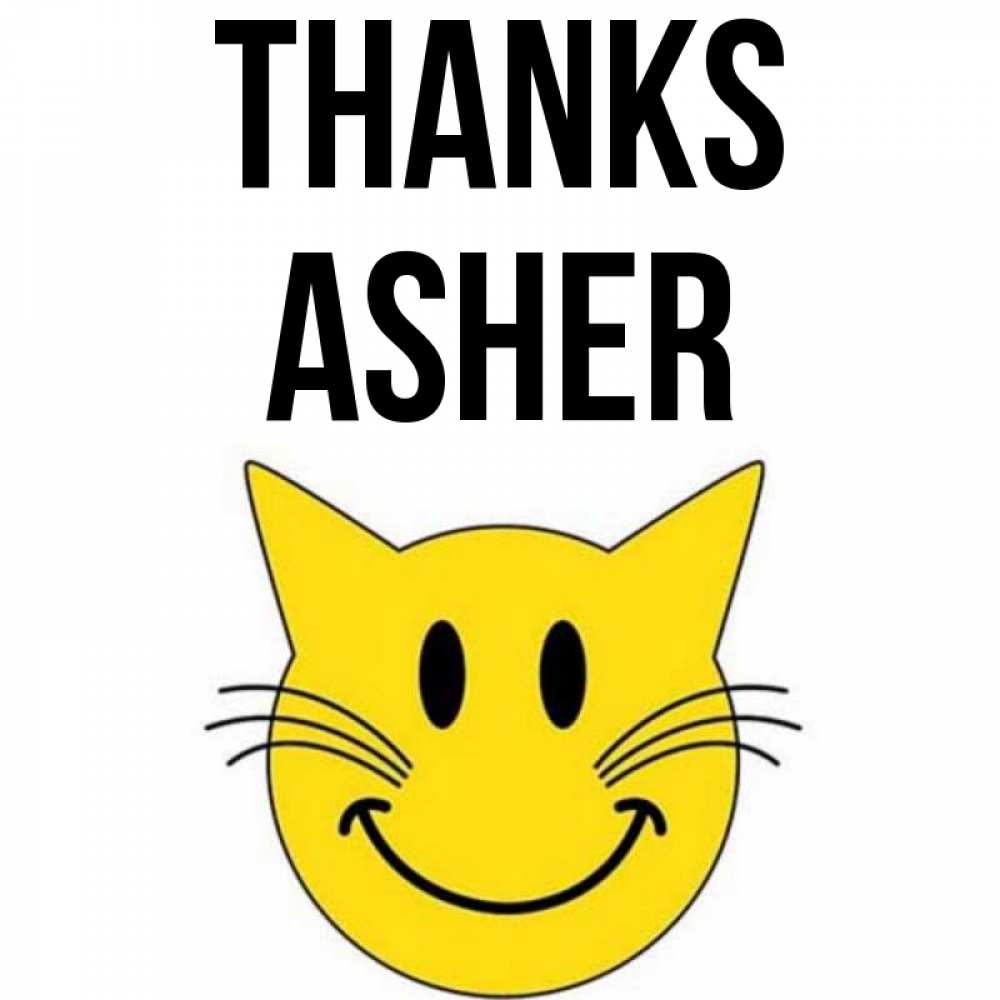 Greetings card с именем, Asher Thanks улыбающийся смайл кот Greetings with text for free download 