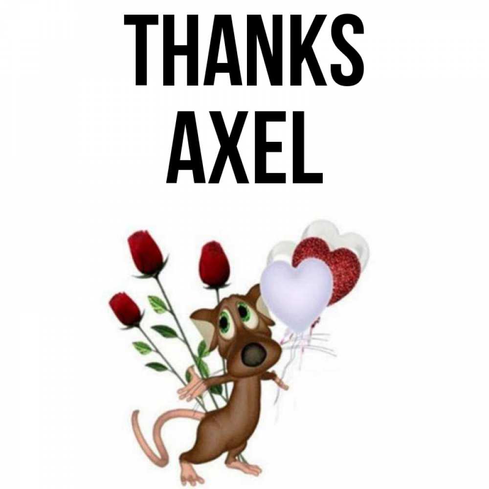 Greetings card с именем, Axel Thanks песик с шариками в форме сердец Greetings with text for free download 