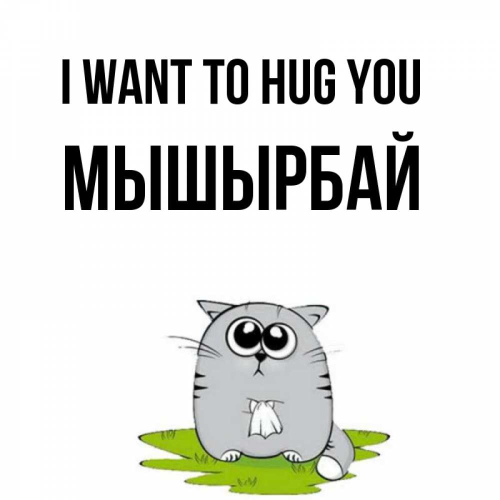 Greetings card с именем, МЫШЫРБАЙ I want to hug you котик теребит платочек сидя на травке Greetings with text for free download 