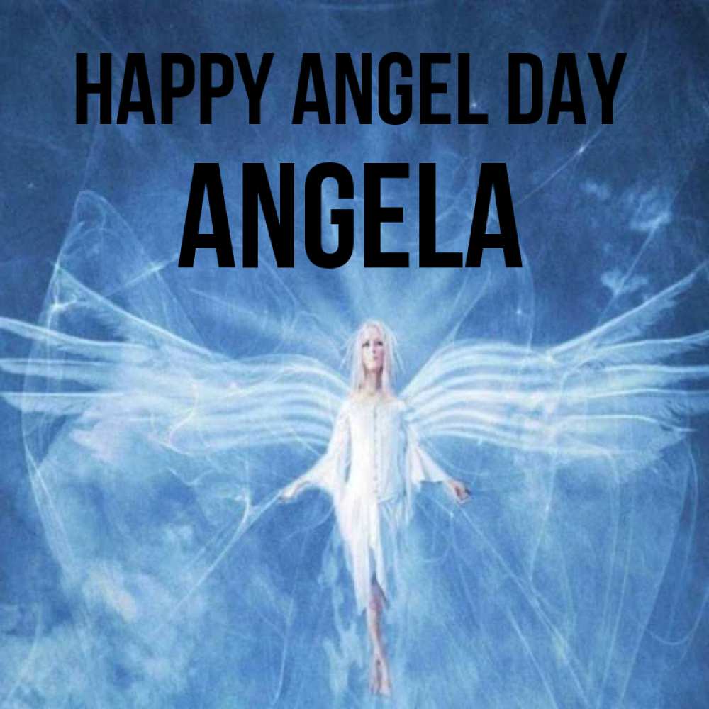 Greetings card с именем, Angela happy angel day голубой фон и крылья как у стрекозы Greetings with text for free download 