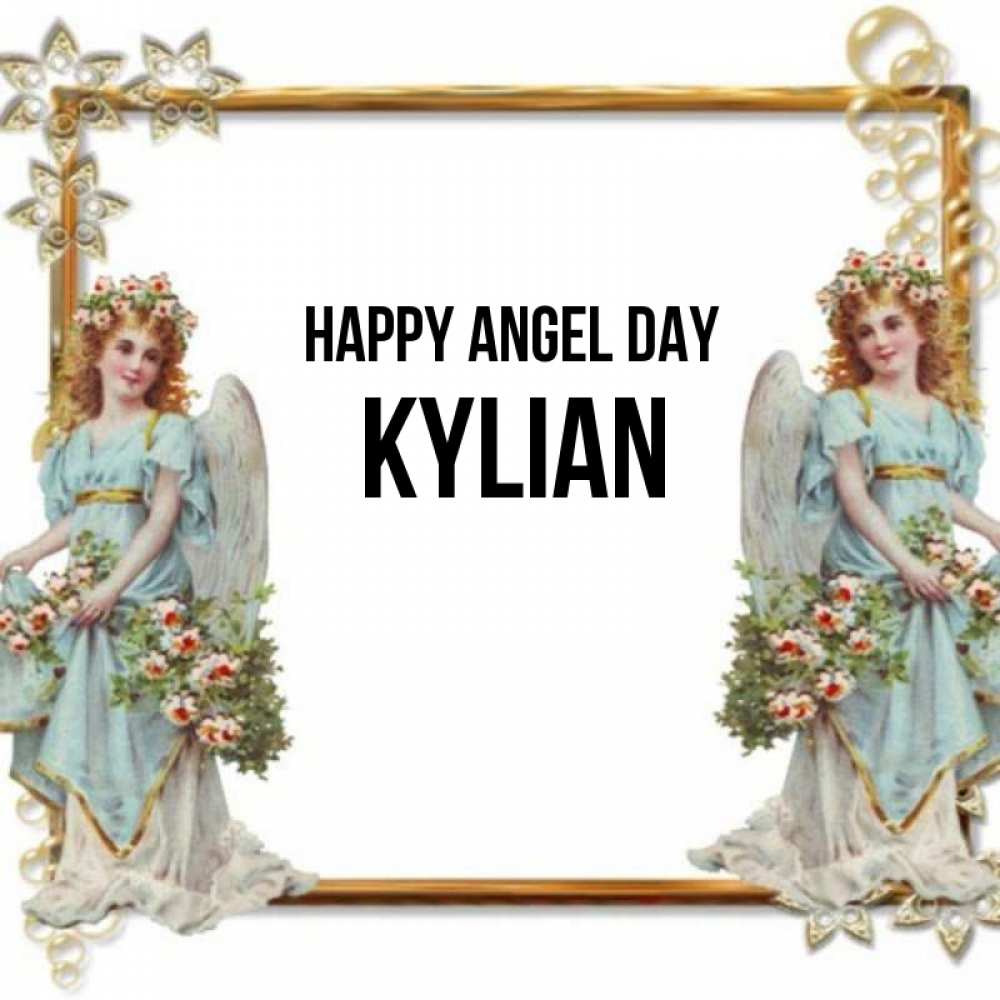 Greetings card с именем, Kylian happy angel day рамочка из золота и ангелы Greetings with text for free download 