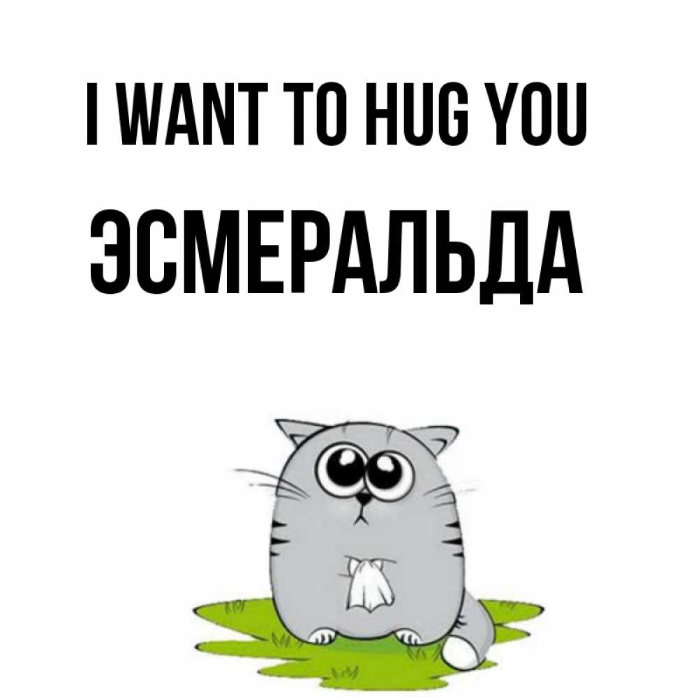 Greetings card с именем, Эсмеральда I want to hug you котик теребит платочек сидя на травке Greetings with text for free download 