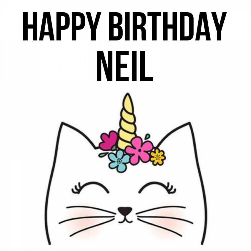 Greetings card с именем, Neil Happy Birthday милый кот с одним рожком Greetings with text for free download 
