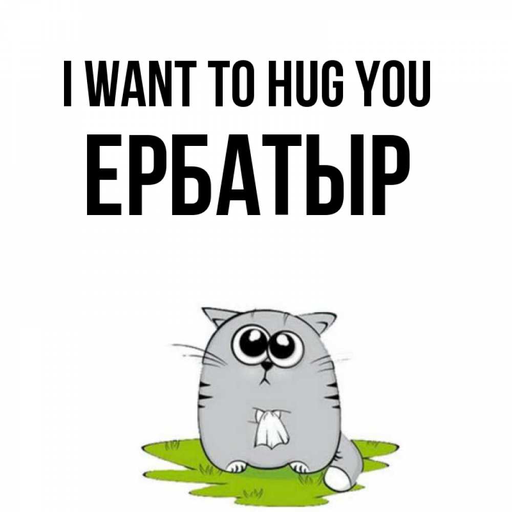 Greetings card с именем, Ербатыр I want to hug you котик теребит платочек сидя на травке Greetings with text for free download 