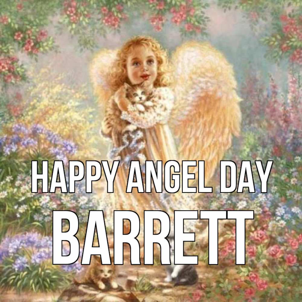 Greetings card с именем, Barrett happy angel day держит котенка Greetings with text for free download 