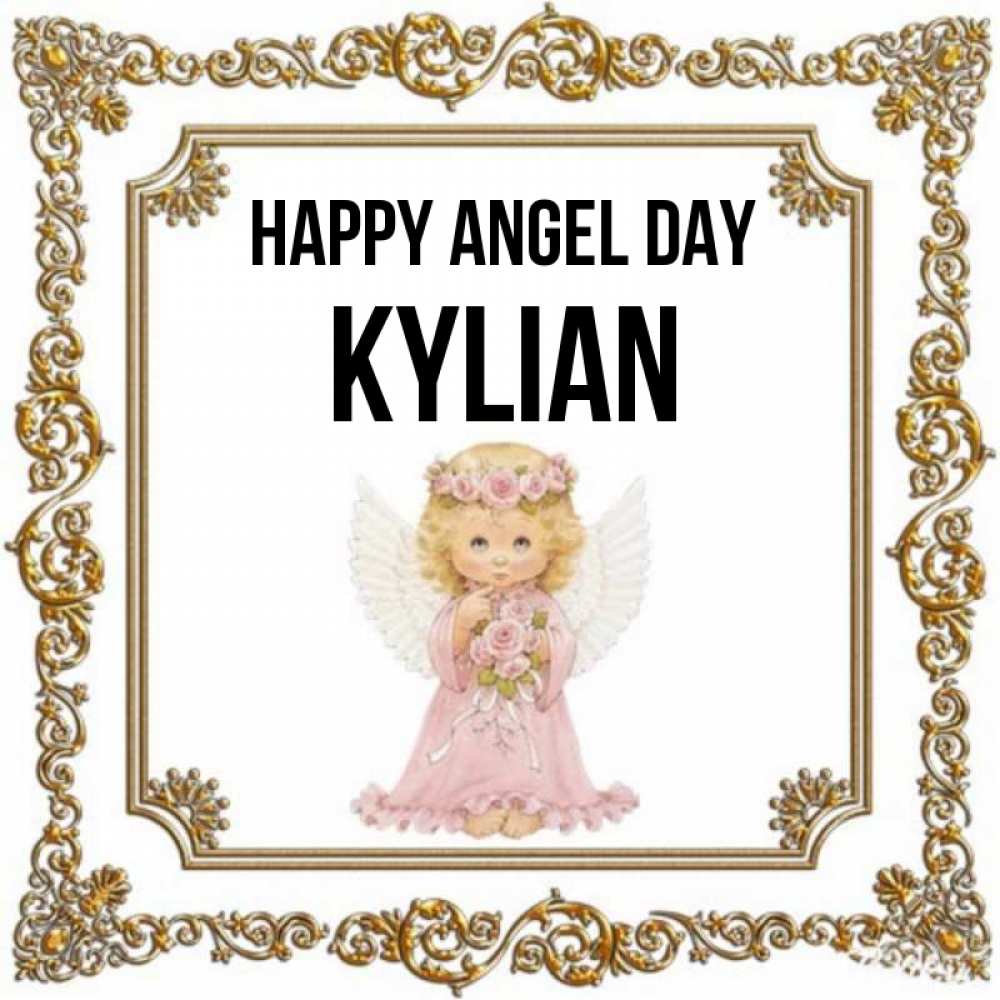 Greetings card с именем, Kylian happy angel day девочка ангел с крыльями и цветами в розовом платье Greetings with text for free download 