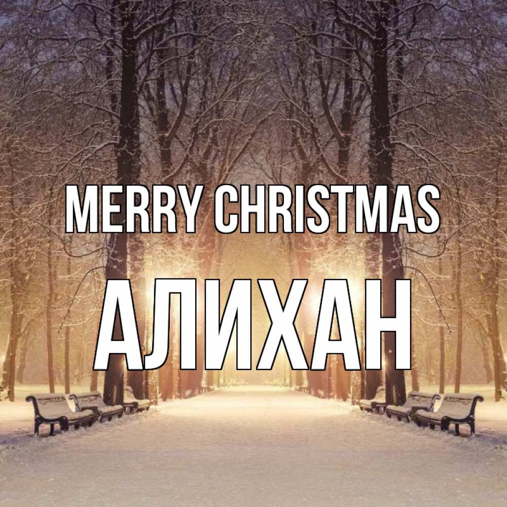 Greetings card с именем, Алихан Merry Christmas зима, парк, фонарь, лес Greetings with text for free download 