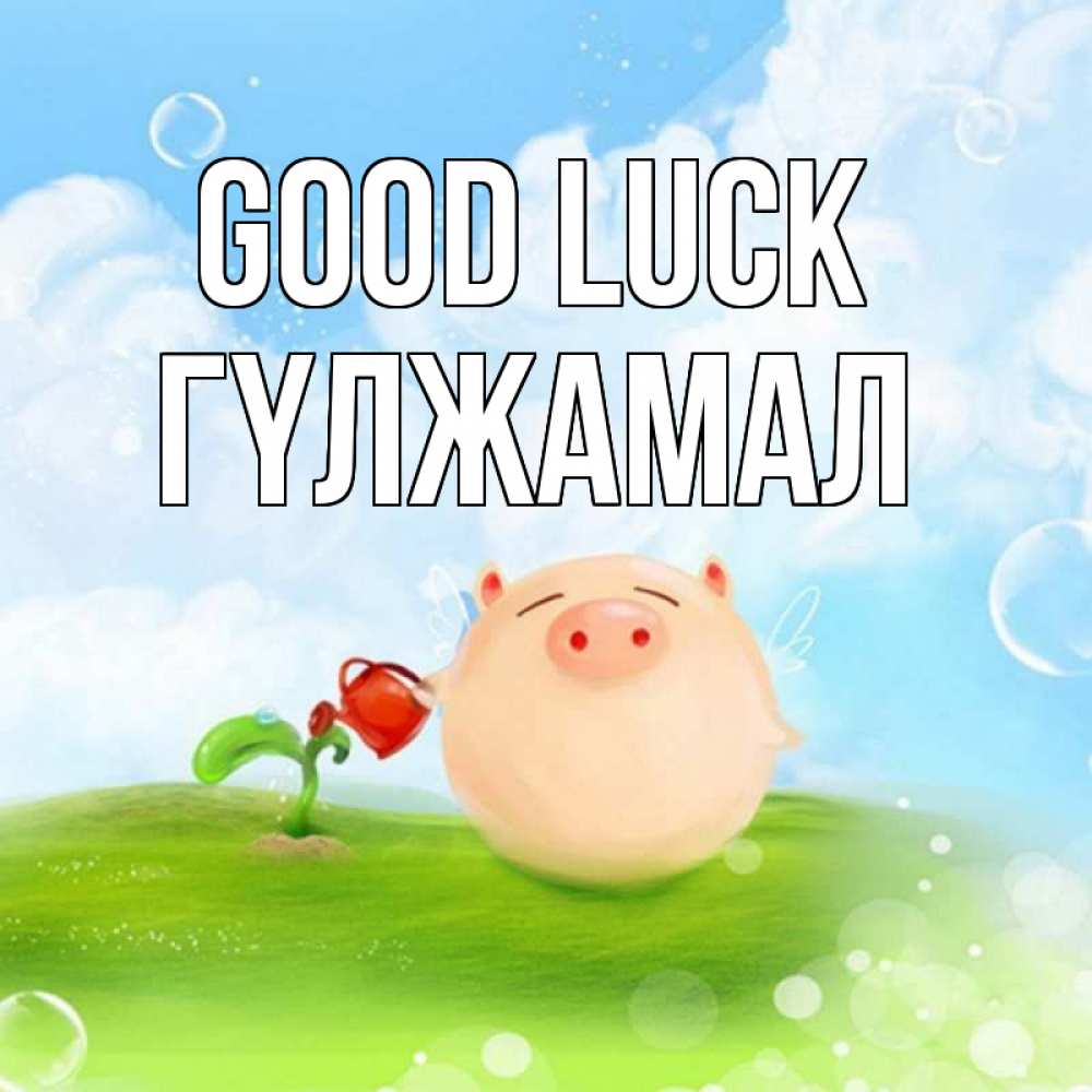Greetings card с именем, ГҮЛЖАМАЛ Good luck поросенок поливает цветок. летнее настроение Greetings with text for free download 