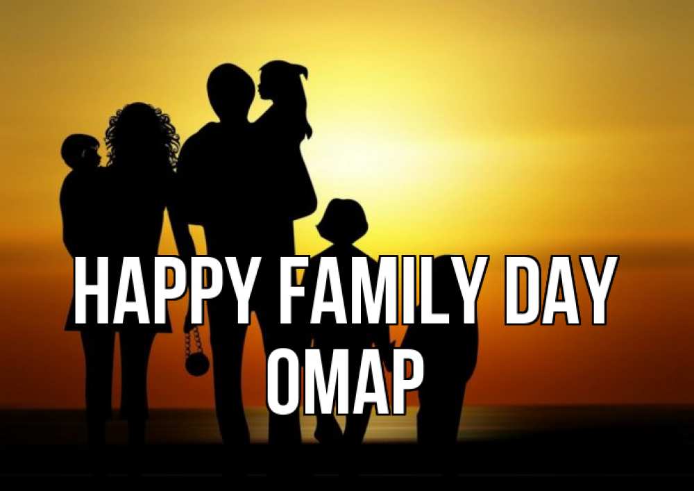 Greetings card с именем, ОМАР happy family day Семья, закат, мама, папа, дети Greetings with text for free download 