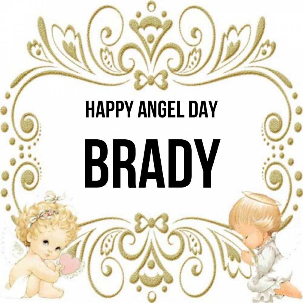 Greetings card с именем, Brady happy angel day с именинами поздравляют два красивых ангела. Один с сердечком другой молится Greetings with text for free download 