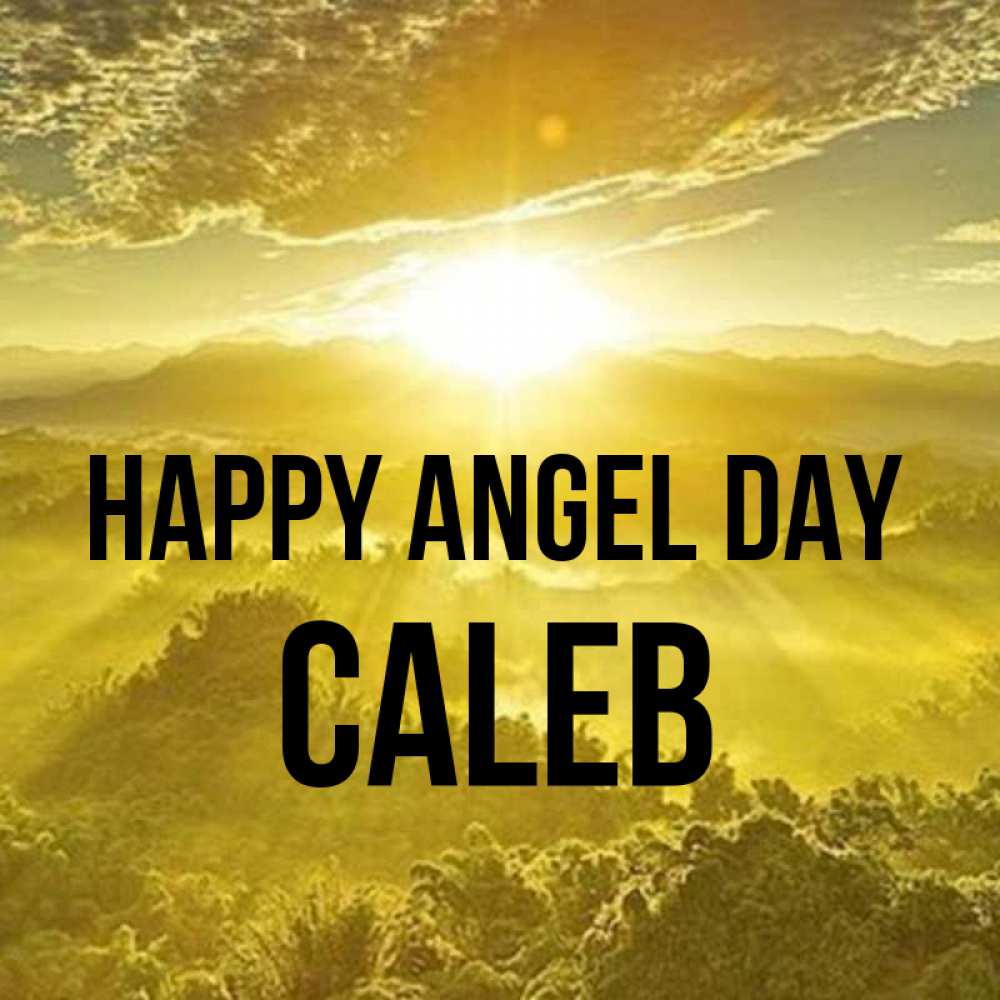 Greetings card с именем, Caleb happy angel day леса и небо в желтом Greetings with text for free download 