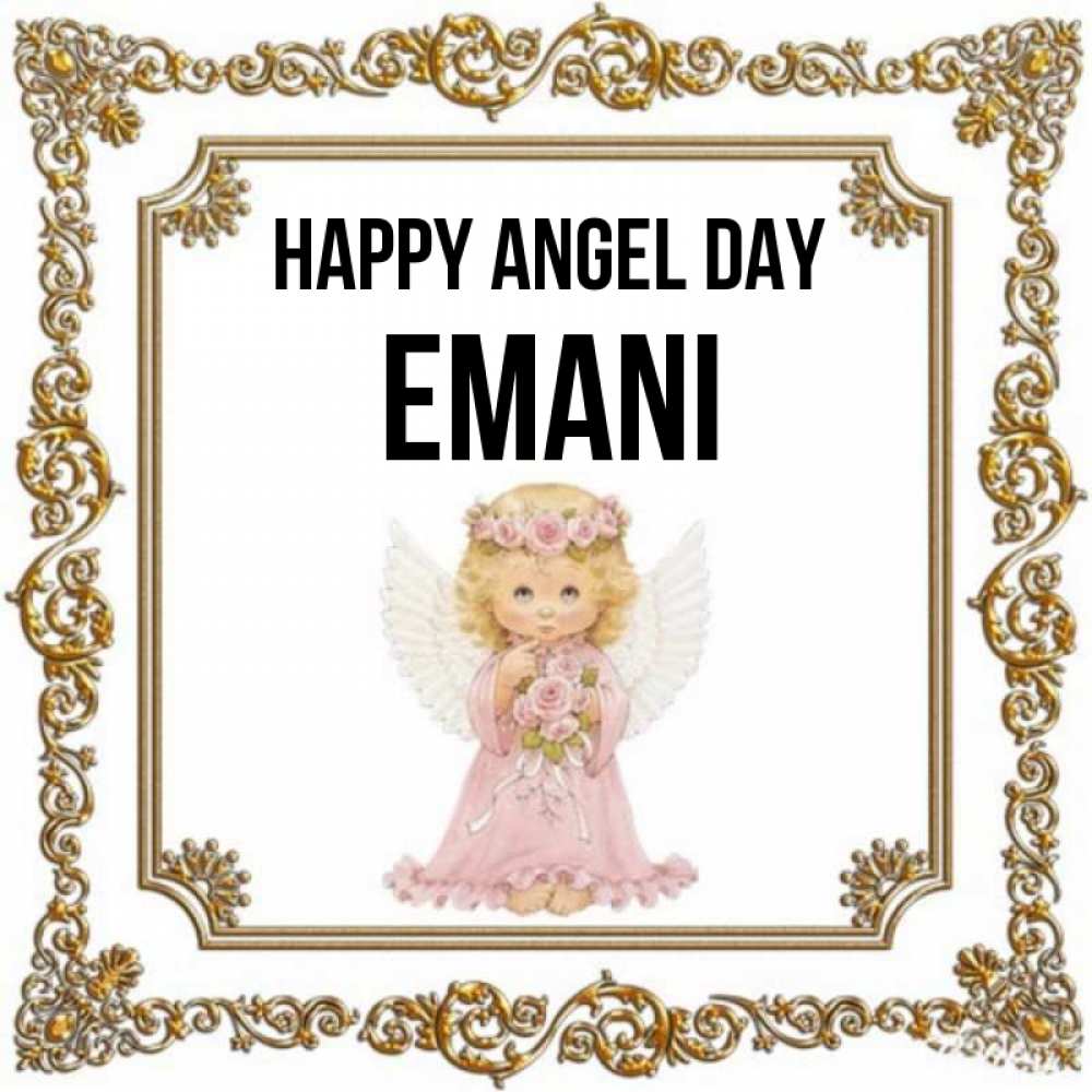 Greetings card с именем, Emani happy angel day девочка ангел с крыльями и цветами в розовом платье Greetings with text for free download 