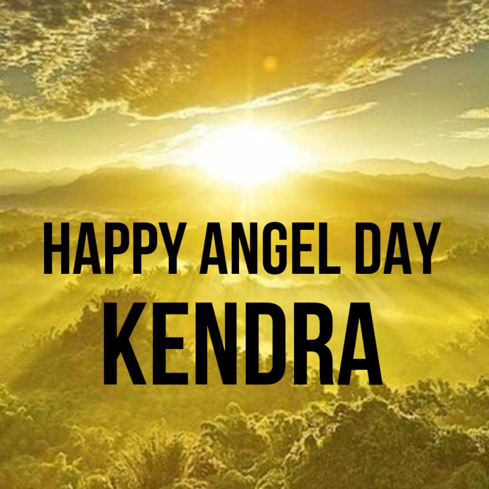 Greetings card с именем, Kendra happy angel day леса и небо в желтом Greetings with text for free download 