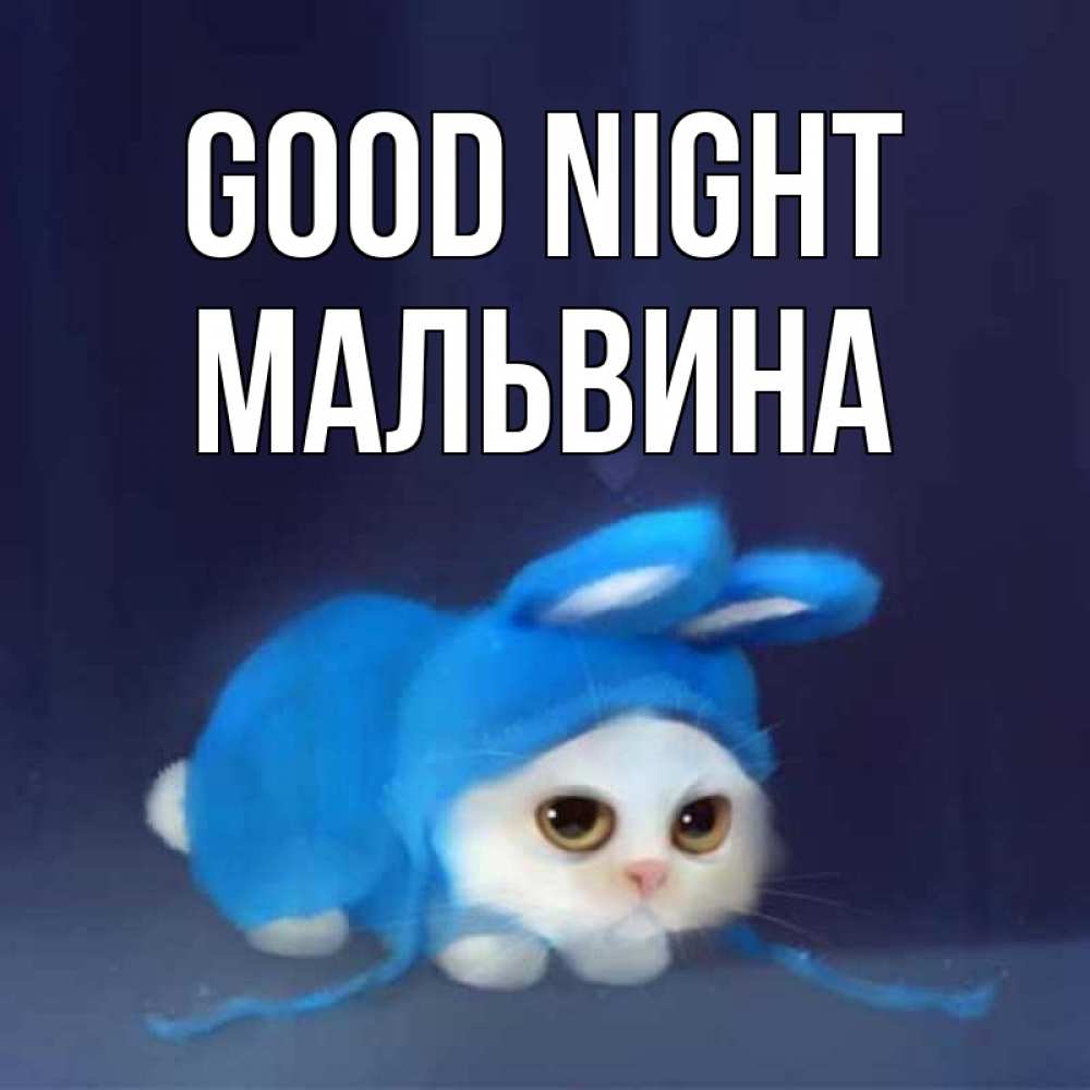 Greetings card с именем, Мальвина Good night кот в голубом костюме кролика с ушками Greetings with text for free download 