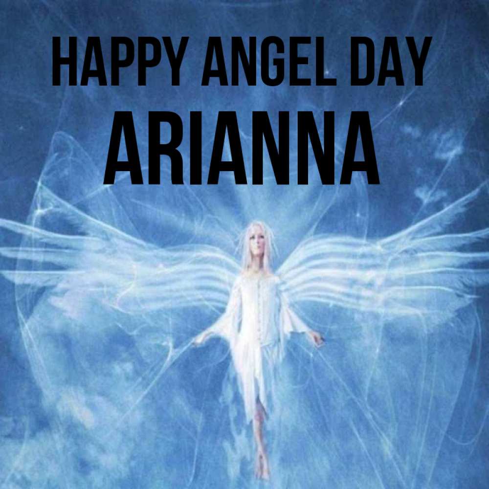 Greetings card с именем, Arianna happy angel day голубой фон и крылья как у стрекозы Greetings with text for free download 