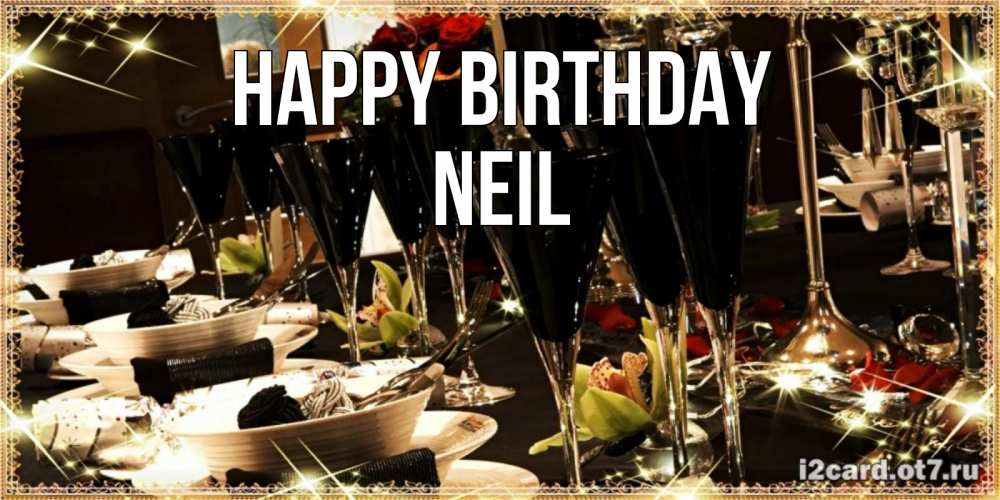 Greetings card с именем, Neil Happy Birthday пожелания на день рождения с столом полным еды Greetings with text for free download 