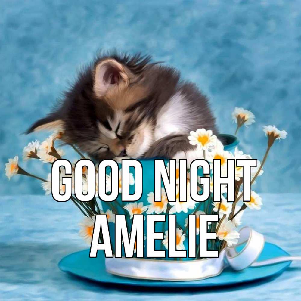 Greetings card с именем, Amelie Good night котенок спит в кружке с блюдцем Greetings with text for free download 