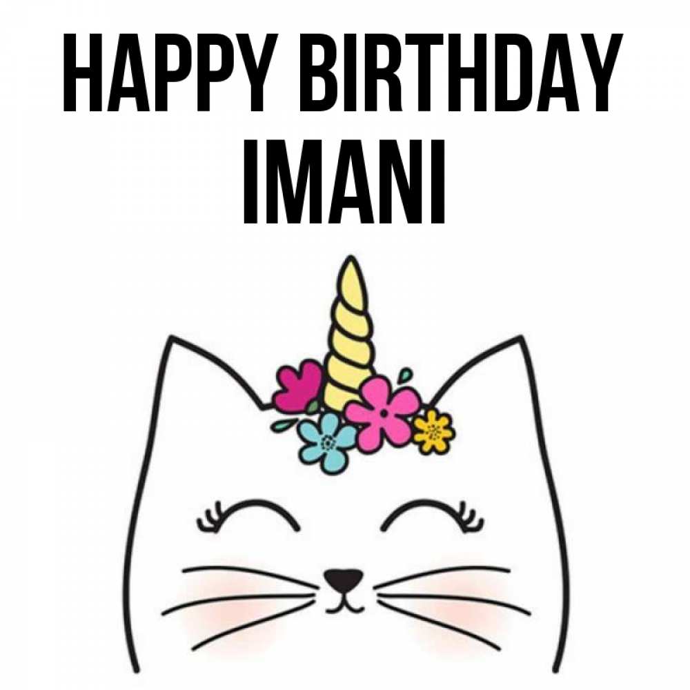 Greetings card с именем, Imani Happy Birthday милый кот с одним рожком Greetings with text for free download 