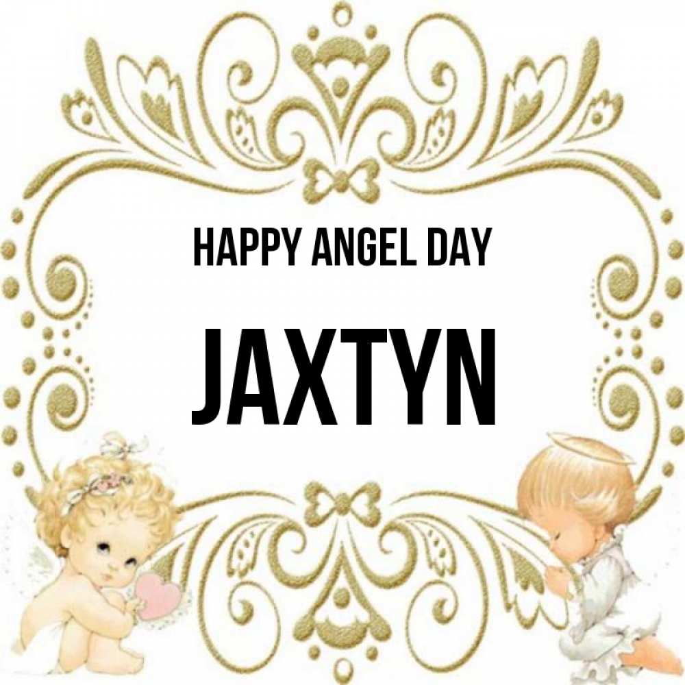Greetings card с именем, Jaxtyn happy angel day с именинами поздравляют два красивых ангела. Один с сердечком другой молится Greetings with text for free download 
