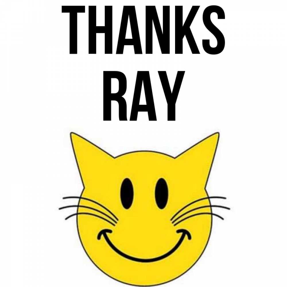 Greetings card с именем, Ray Thanks улыбающийся смайл кот Greetings with text for free download 