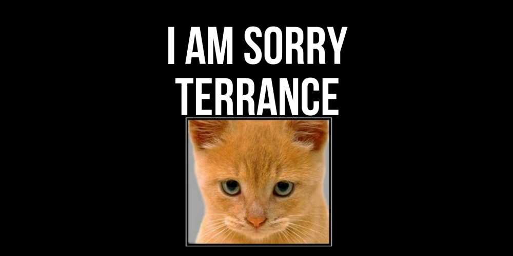 Greetings card с именем, Terrance I am sorry рыжий грустный кот просит прощения Greetings with text for free download 