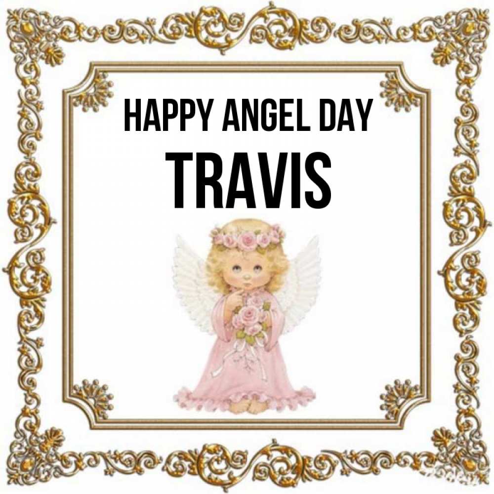 Greetings card с именем, Travis happy angel day девочка ангел с крыльями и цветами в розовом платье Greetings with text for free download 