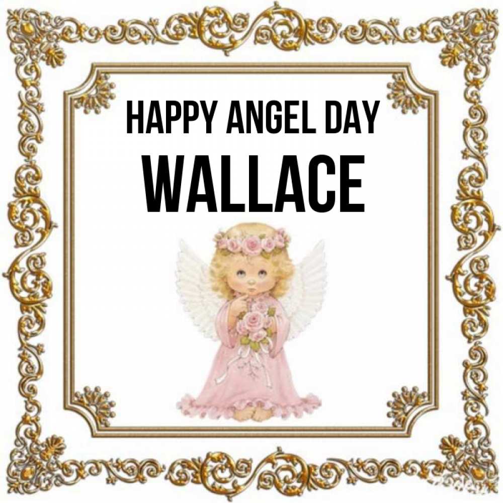 Greetings card с именем, Wallace happy angel day девочка ангел с крыльями и цветами в розовом платье Greetings with text for free download 