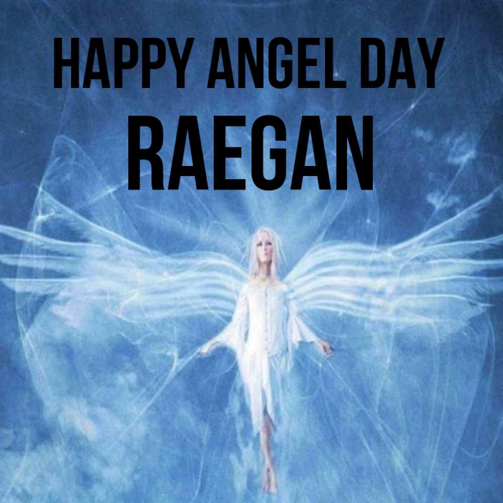 Greetings card с именем, Raegan happy angel day голубой фон и крылья как у стрекозы Greetings with text for free download 