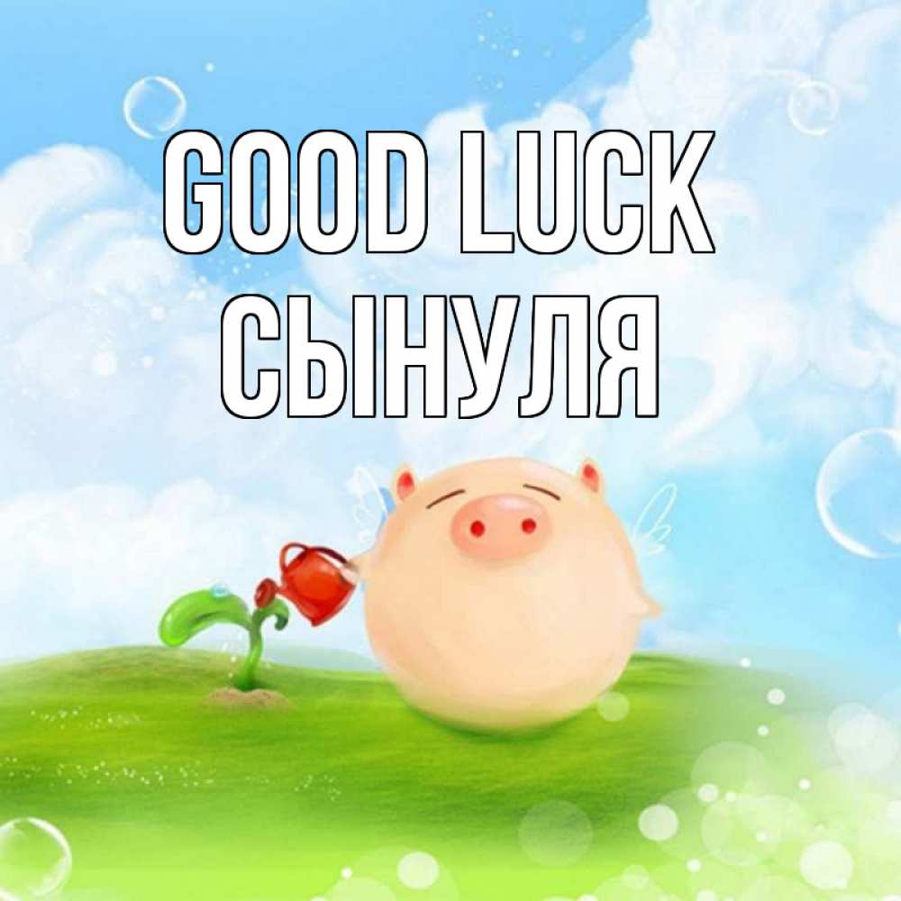 Greetings card с именем, Сынуля Good luck поросенок поливает цветок. летнее настроение Greetings with text for free download 