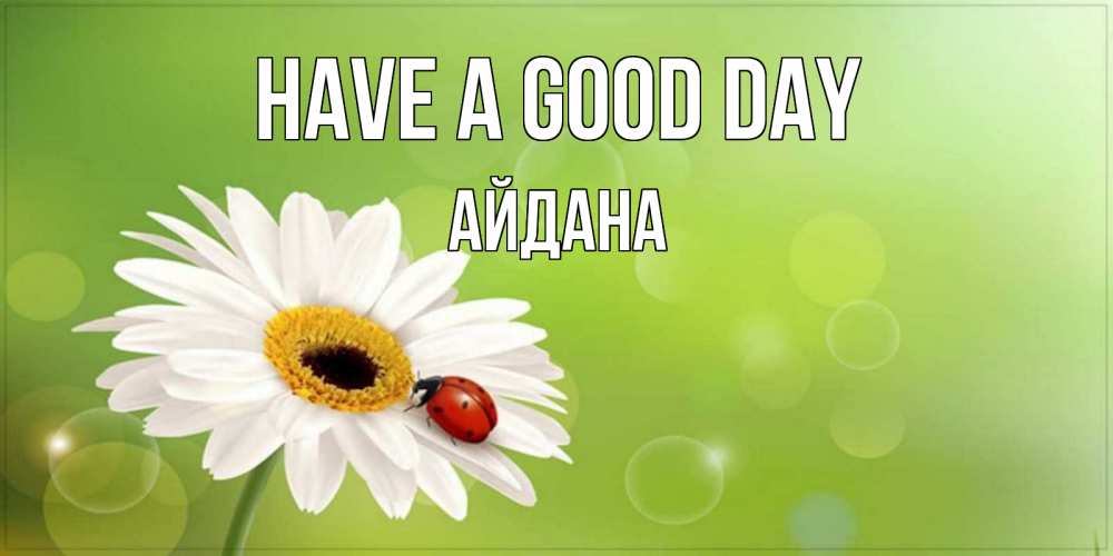 Greetings card с именем, АЙДАНА Have a good day зеленый фон и ромашка Greetings with text for free download 