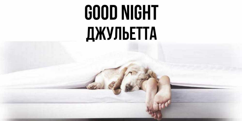 Greetings card с именем, Джульетта Good night кровать с собакой пожелание сладких снов и спокойной ночи Greetings with text for free download 