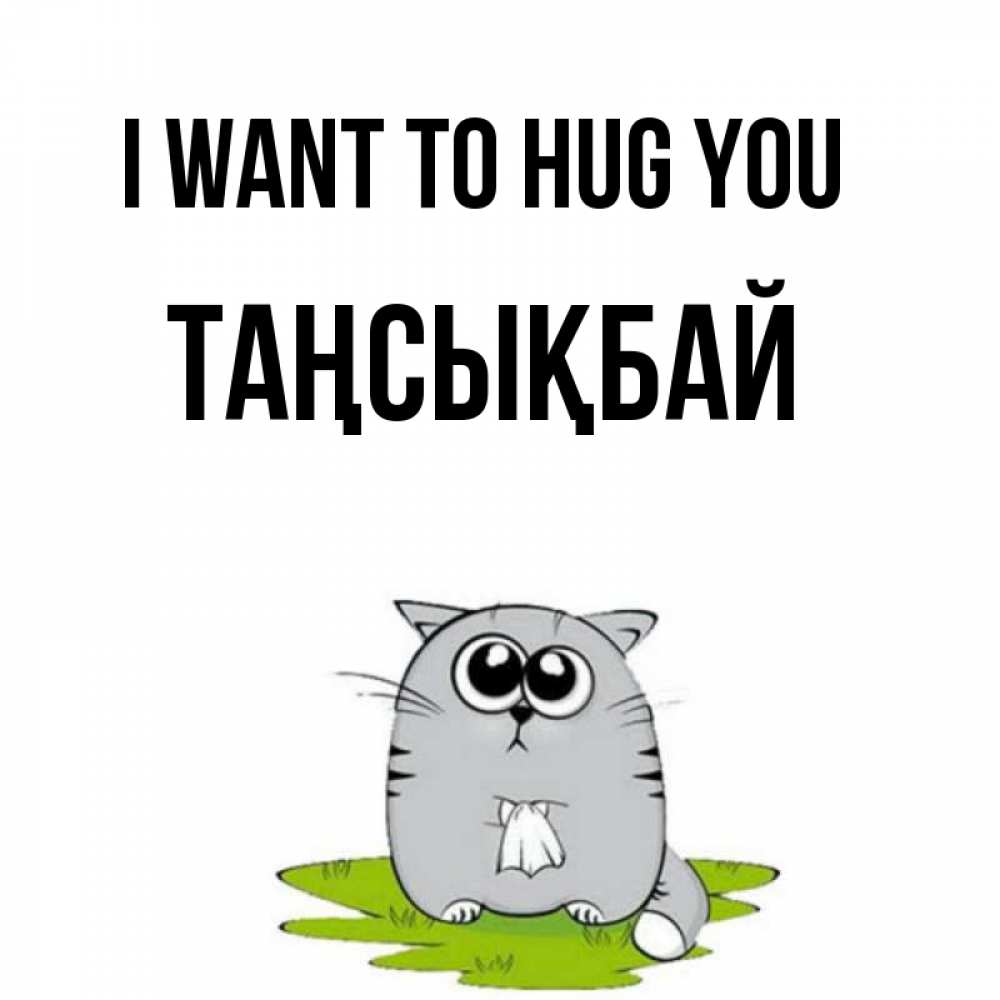 Greetings card с именем, ТАҢСЫҚБАЙ I want to hug you котик теребит платочек сидя на травке Greetings with text for free download 