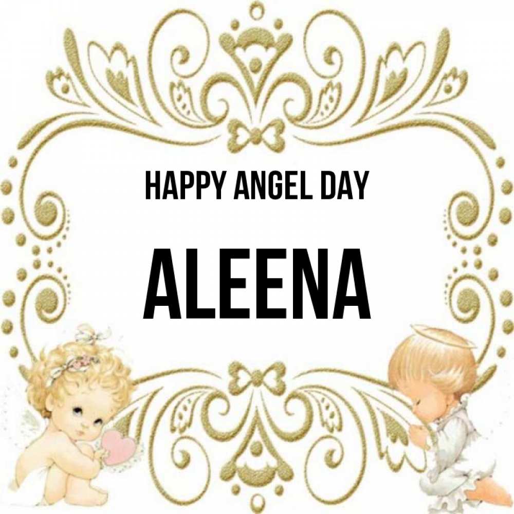 Greetings card с именем, Aleena happy angel day с именинами поздравляют два красивых ангела. Один с сердечком другой молится Greetings with text for free download 
