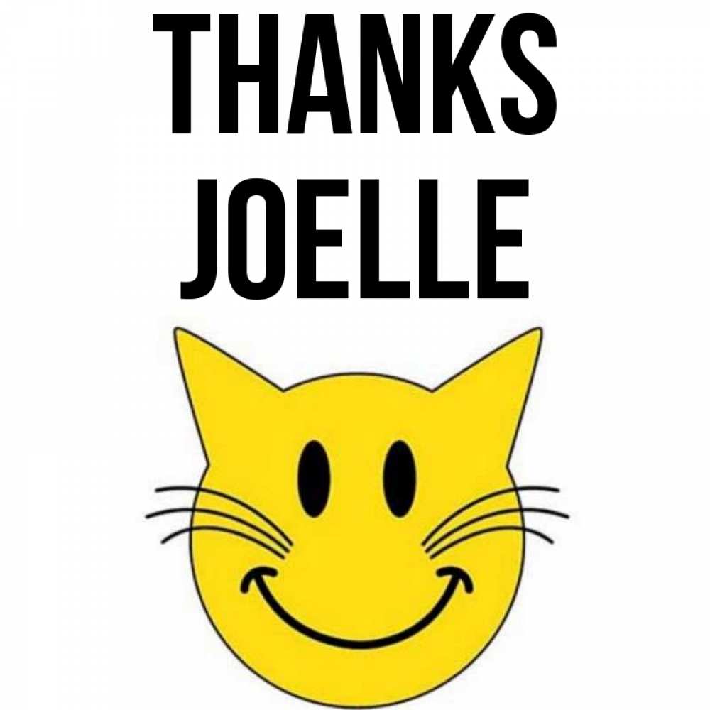 Greetings card с именем, Joelle Thanks улыбающийся смайл кот Greetings with text for free download 
