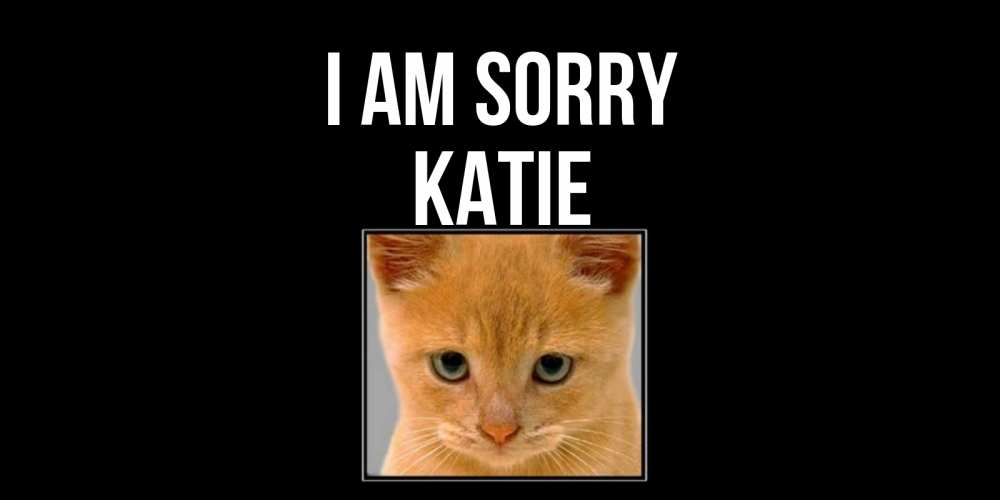 Greetings card с именем, Katie I am sorry рыжий грустный кот просит прощения Greetings with text for free download 