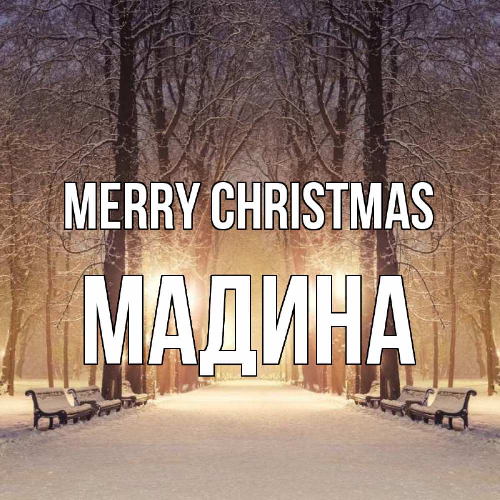 Greetings card с именем, Мадина Merry Christmas зима, парк, фонарь, лес Greetings with text for free download 
