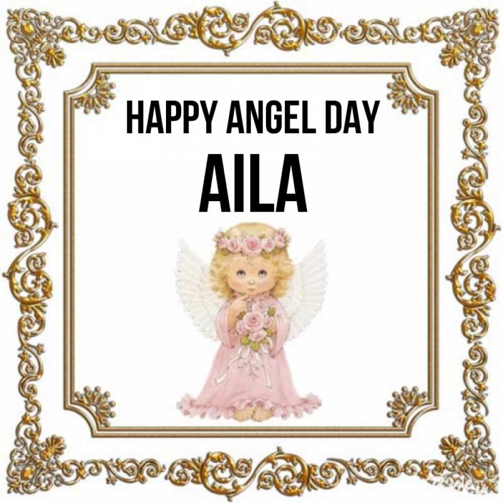 Greetings card с именем, Aila happy angel day девочка ангел с крыльями и цветами в розовом платье Greetings with text for free download 