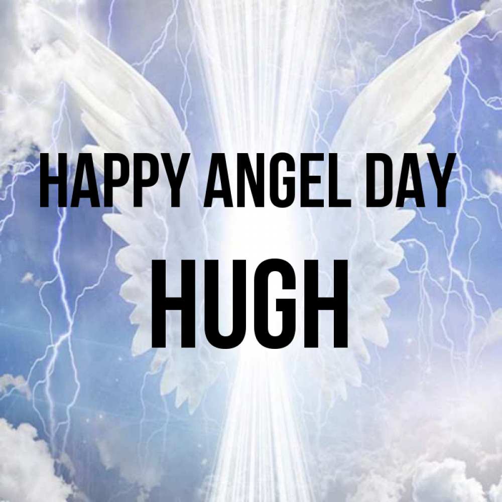 Greetings card с именем, Hugh happy angel day молнии на небе и свет Greetings with text for free download 