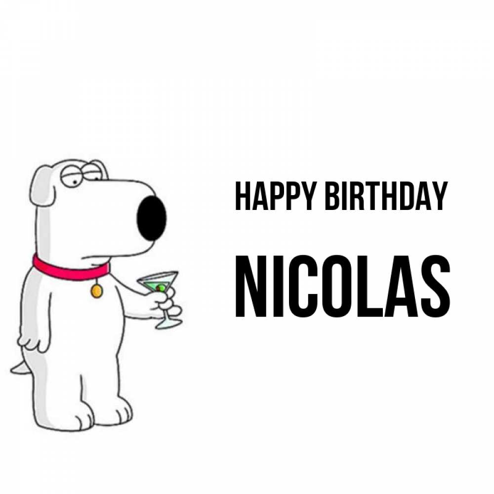 Greetings card с именем, Nicolas Happy Birthday песик с оливками Greetings with text for free download 