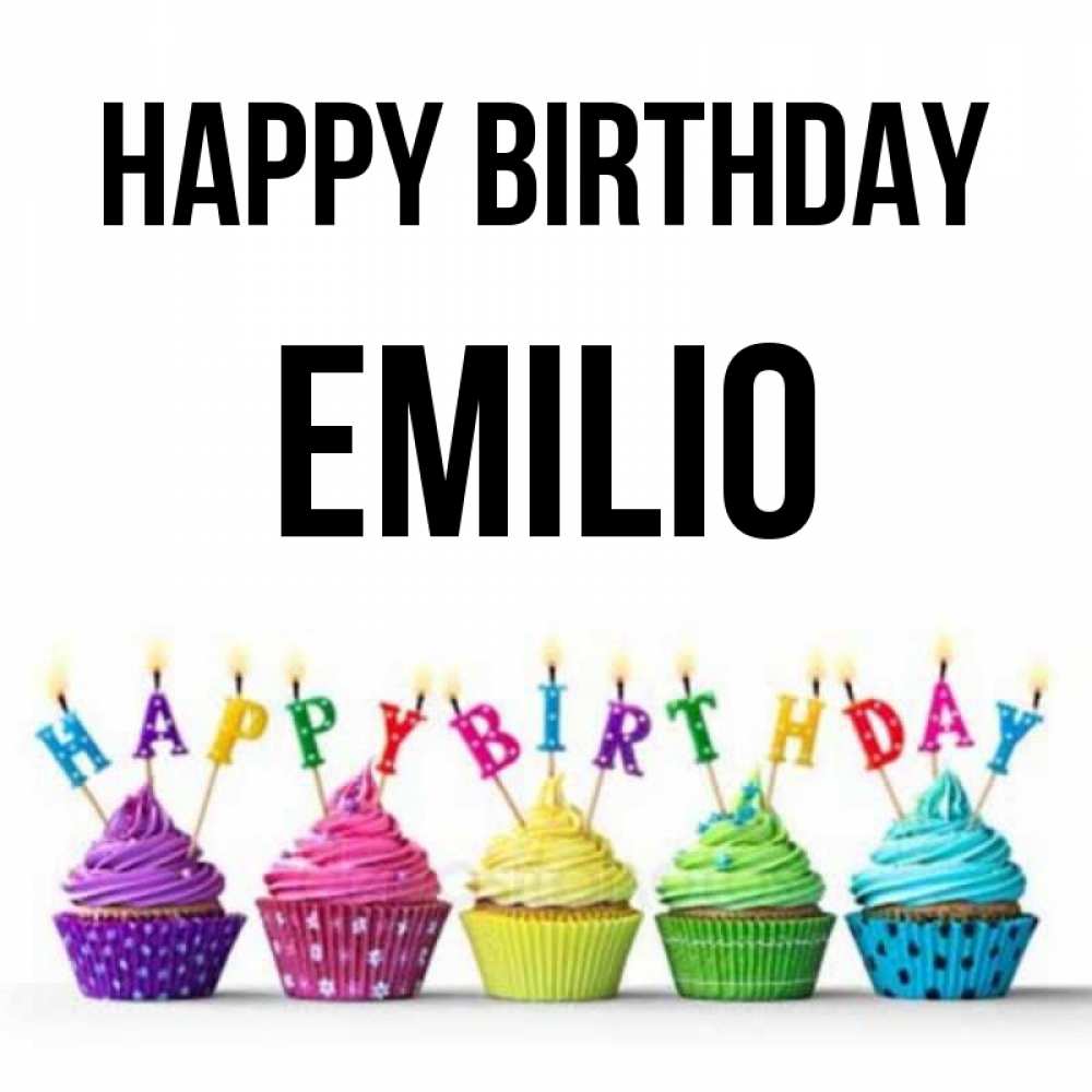 Greetings card с именем, Emilio Happy Birthday открытка ко дню рождения с разноцветными вкусняшками Greetings with text for free download 