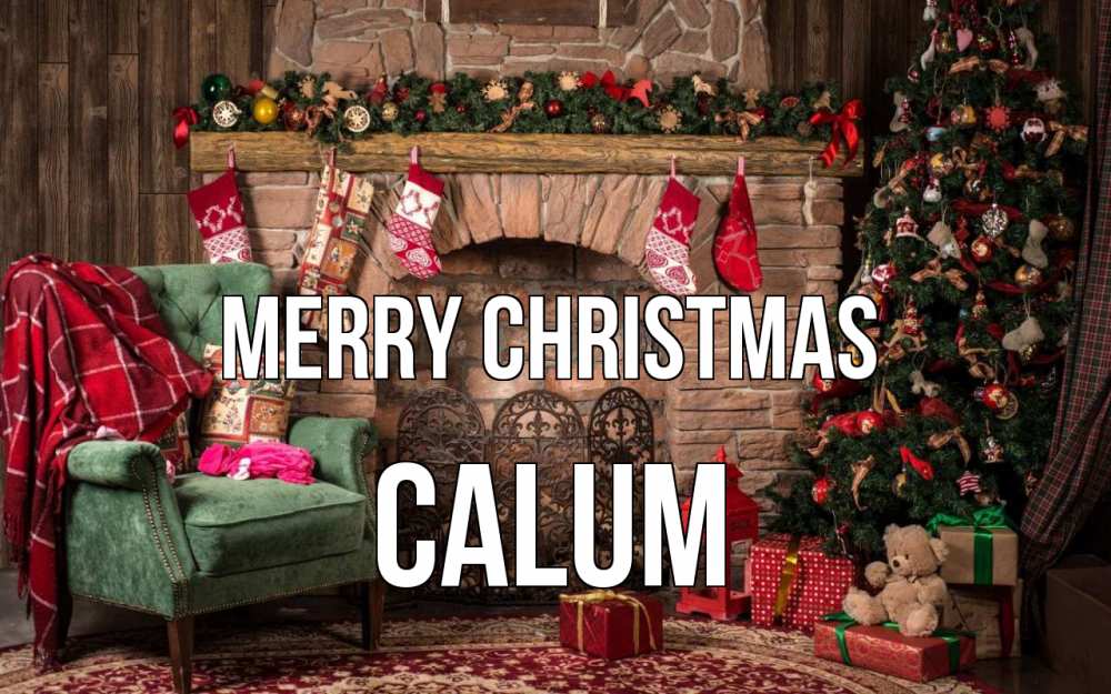 Greetings card с именем, Calum Merry Christmas рождество, камин, ель Greetings with text for free download 