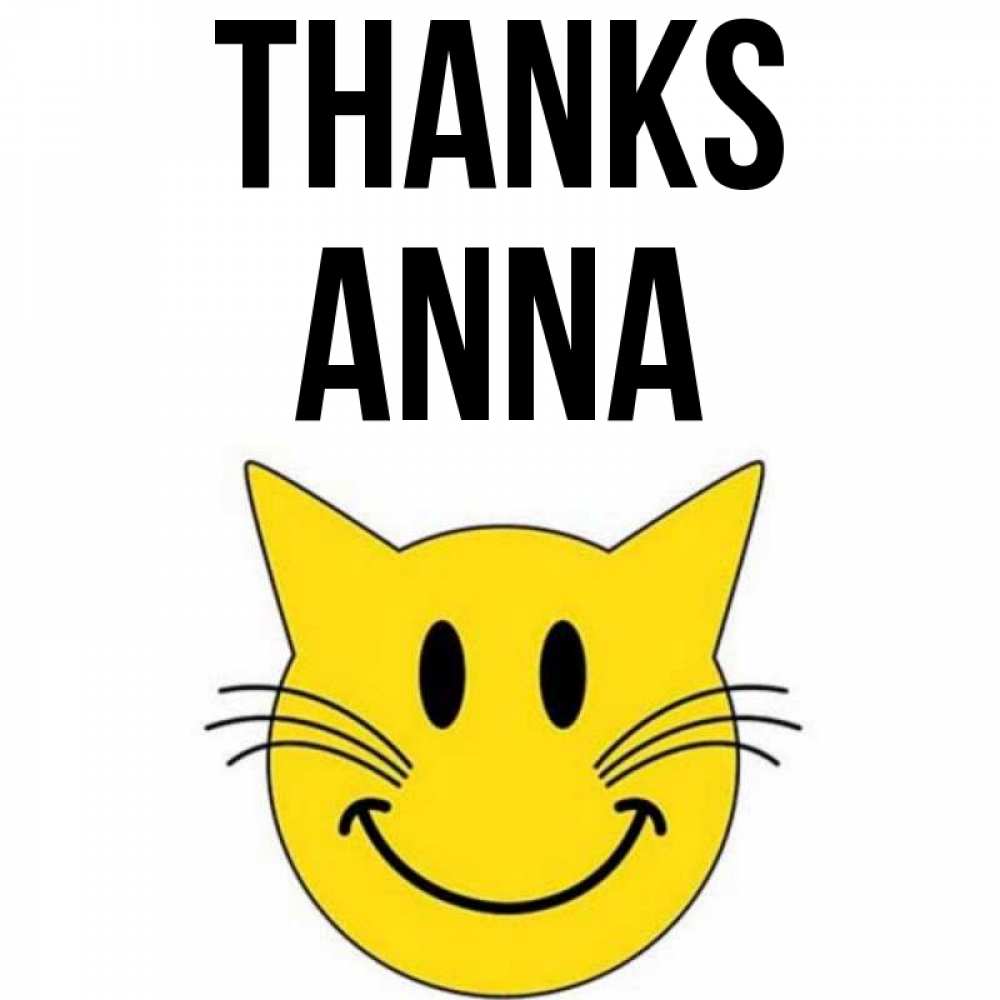Greetings card с именем, Anna Thanks улыбающийся смайл кот Greetings with text for free download 