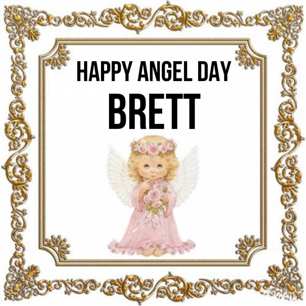 Greetings card с именем, Brett happy angel day девочка ангел с крыльями и цветами в розовом платье Greetings with text for free download 