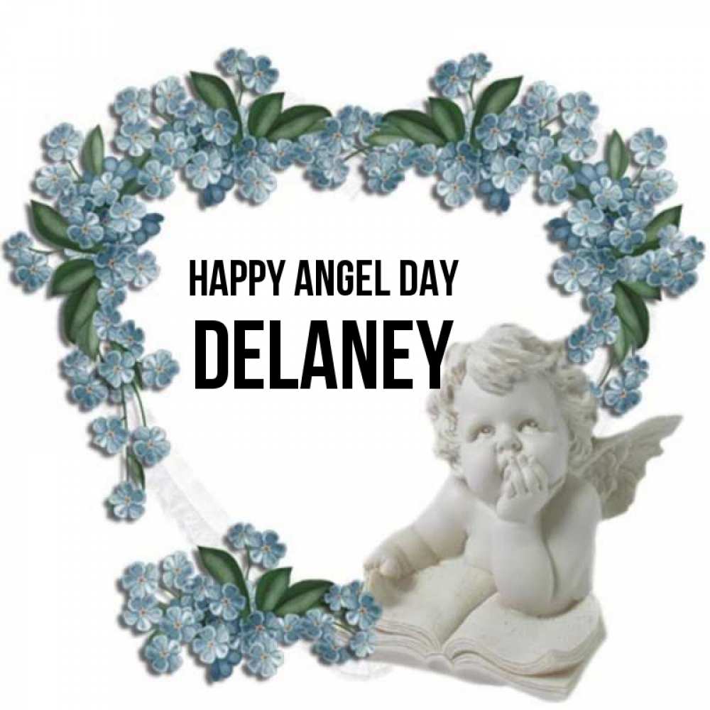 Greetings card с именем, Delaney happy angel day голубые цветы и мраморный ангел Greetings with text for free download 