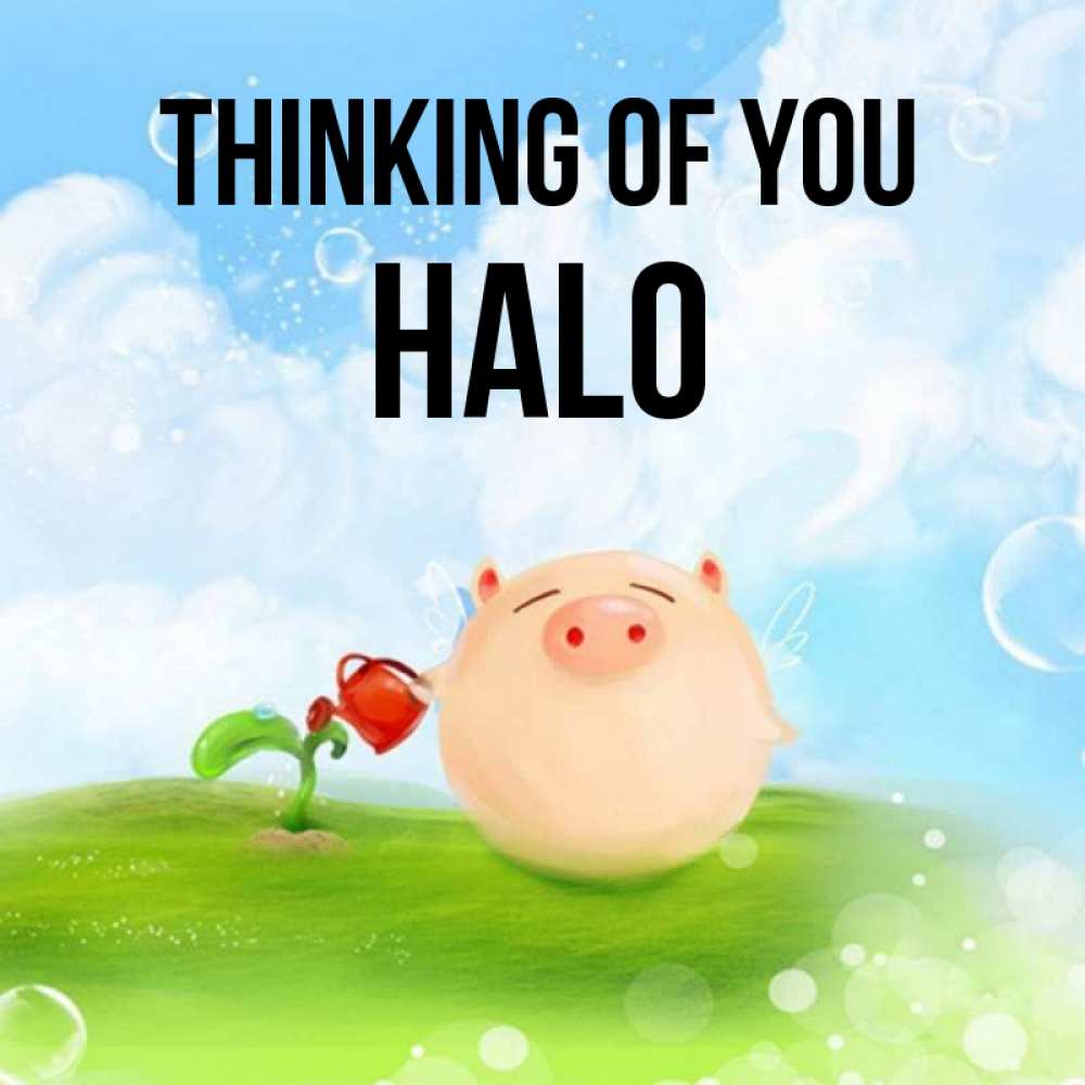 Greetings card с именем, Halo Thinking of you позитивная свинюшка Greetings with text for free download 