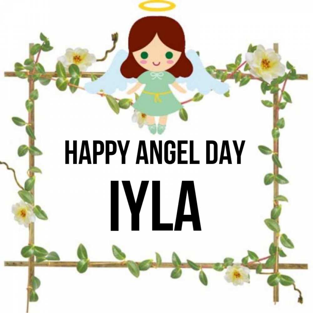 Greetings card с именем, Iyla happy angel day Ангел с нимбом Greetings with text for free download 